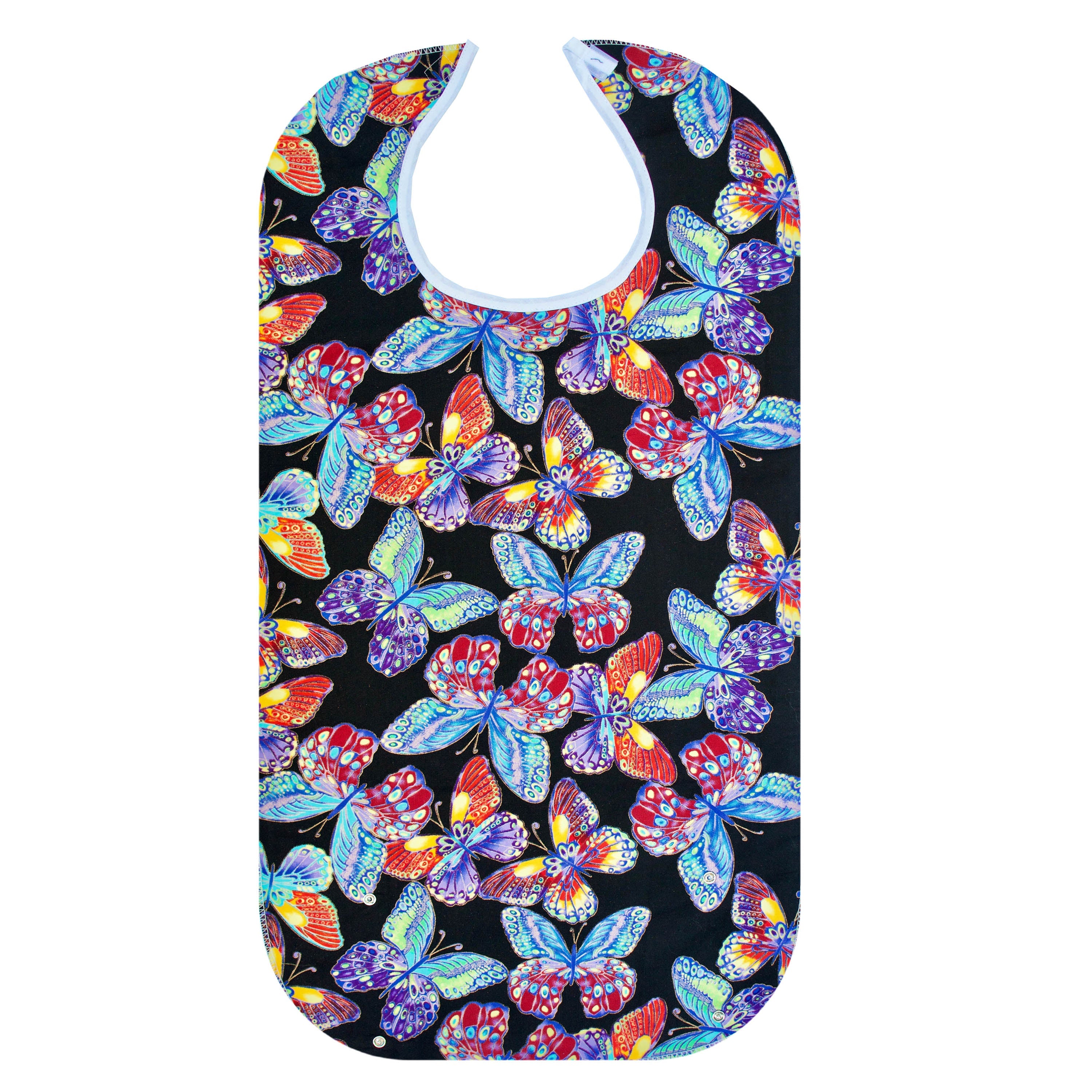 washable waterproof adult bib in vivid butterfly print