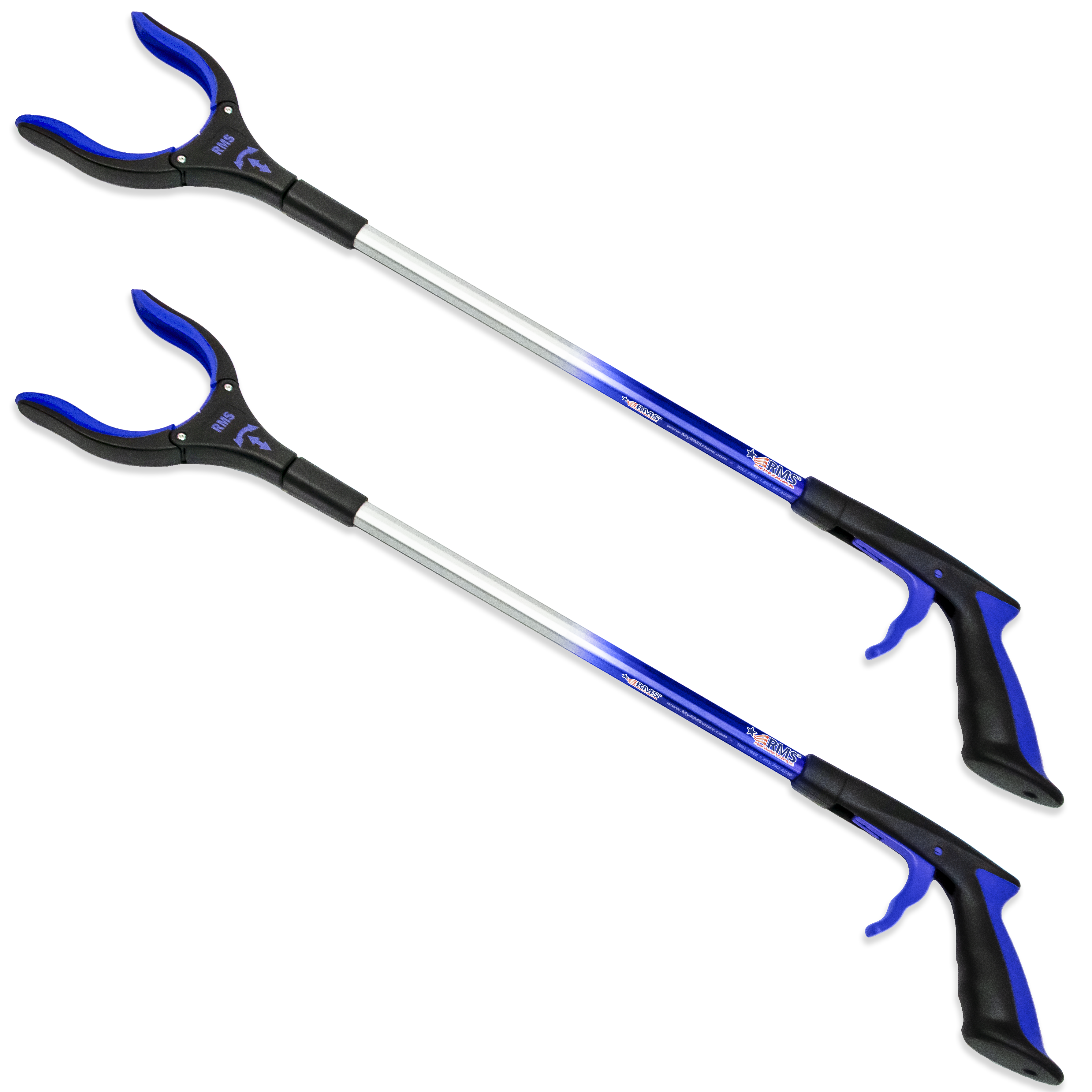 Two blue grabber reachers with rotating heads