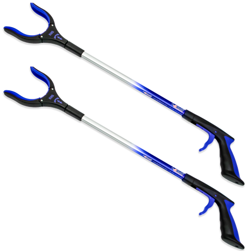 Two blue grabber reachers with rotating heads