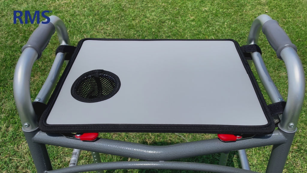 universal walker tray with cup holder attached to walker